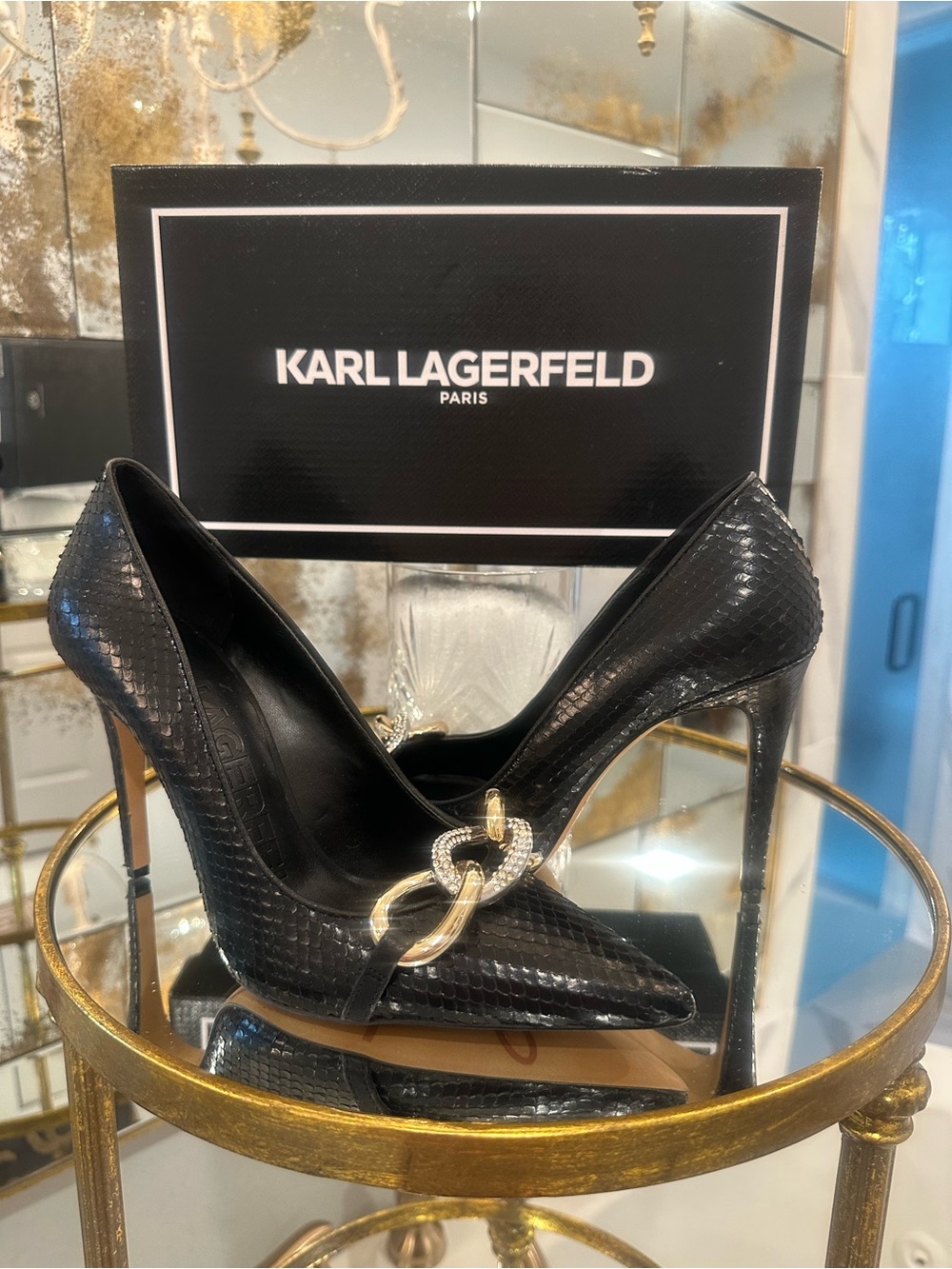 Karl Lagerfeld Black Snake-Embossed Stiletto Pumps with Mixed-Metal Chain